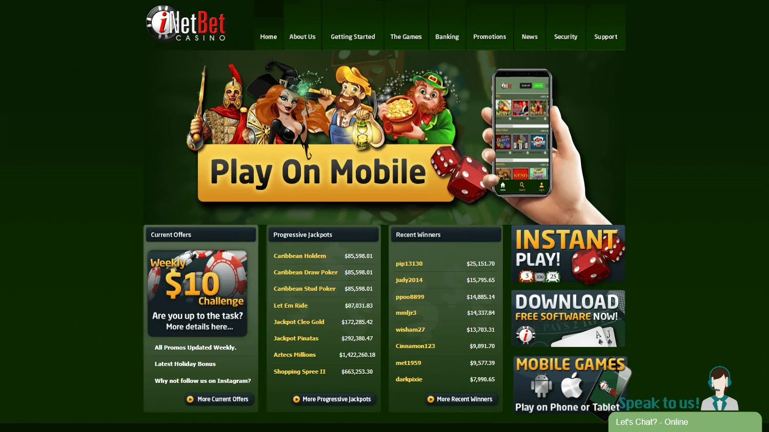 Inetbet Casino desktop home screen with casino access and promotional information
