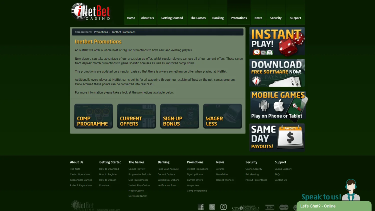 Inetbet Casino desktop promotions area with deposit bonuses and promotional offers