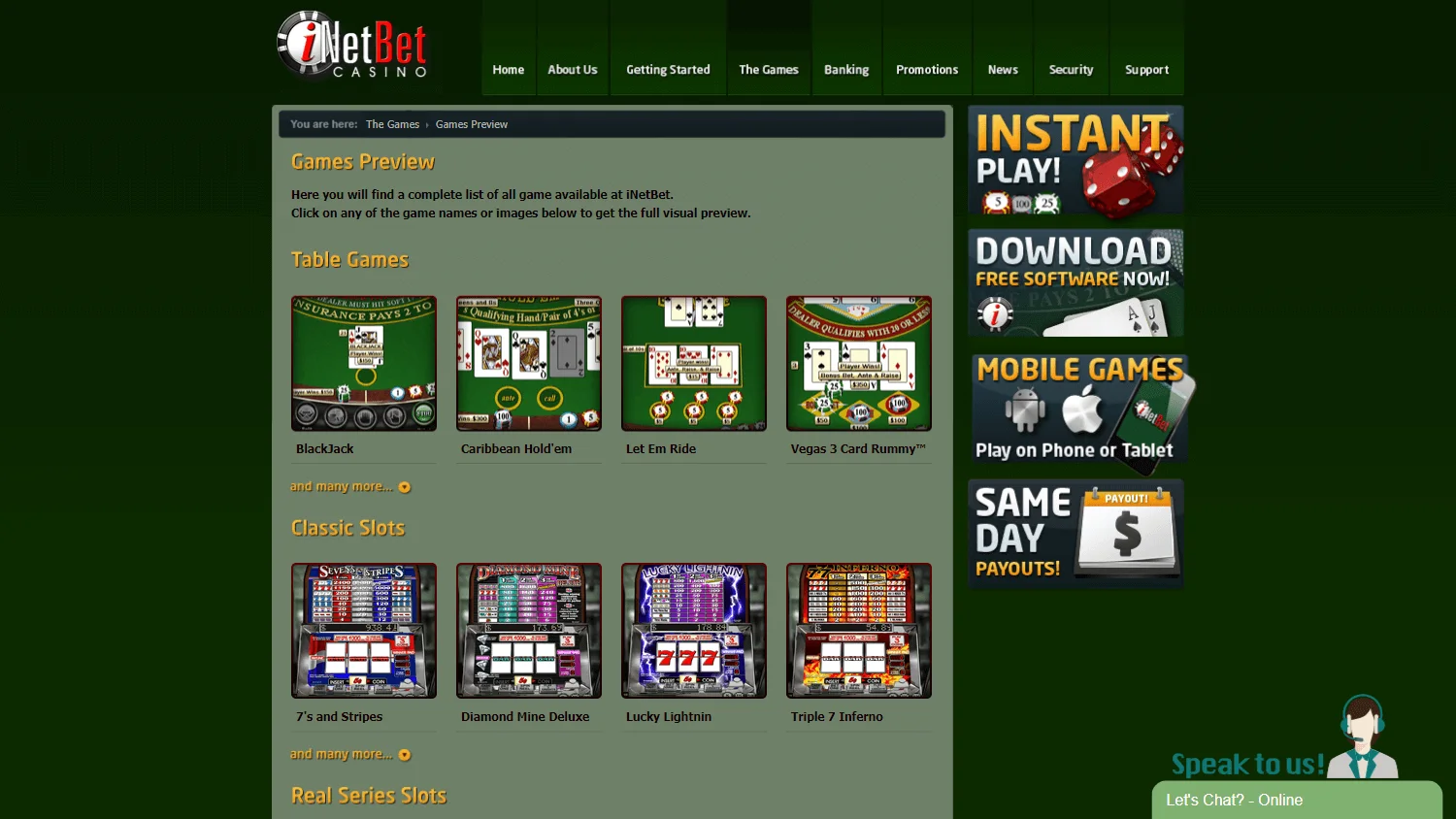 Inetbet Casino desktop games area with RTG casino categories and titles