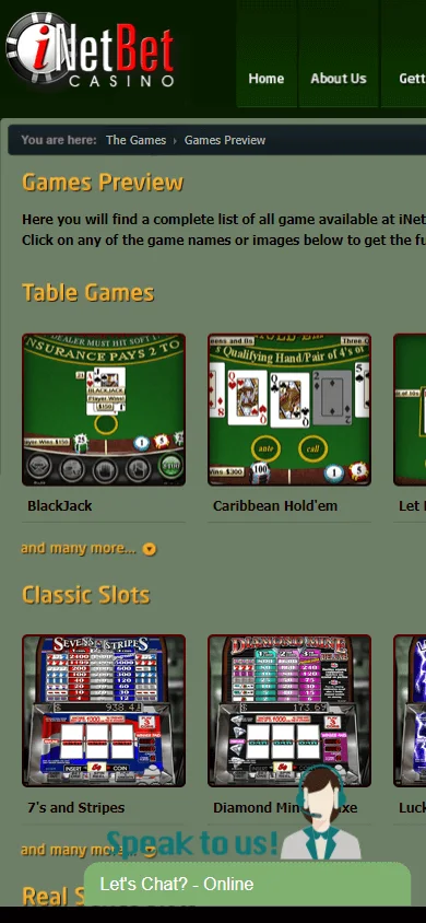 Inetbet Casino mobile games area with RTG casino titles and game categories