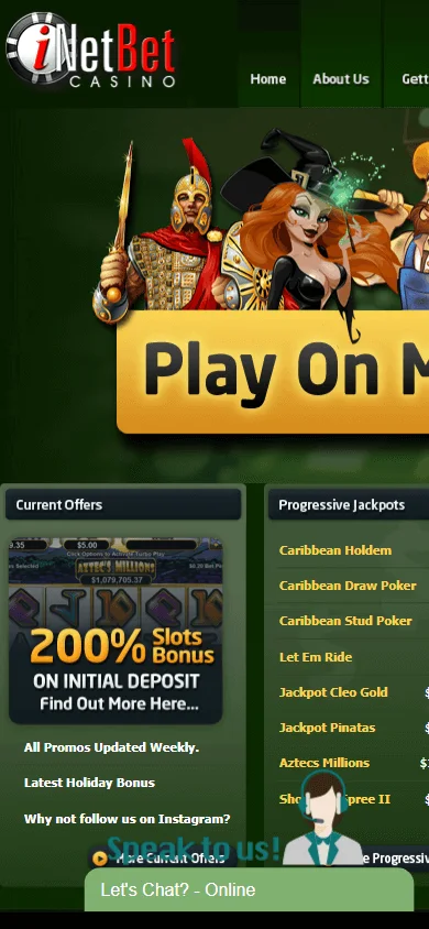 Inetbet Casino mobile home screen for browser-based casino access